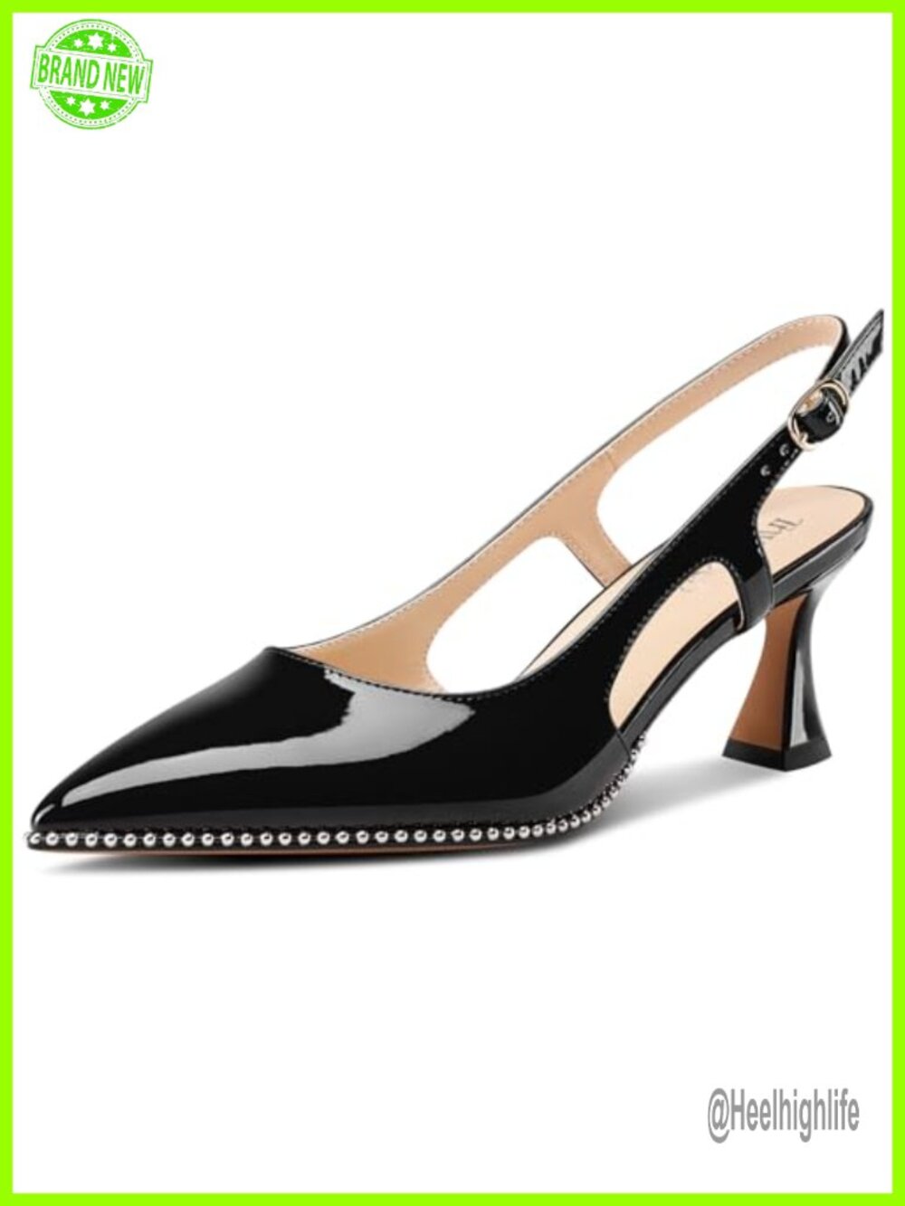 Women's Kitten Heel Pointed Toe Slingback Pumps Beaded Patent Leather